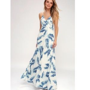Float Sweetly Blue and White Feather Print Lace-Up Dress